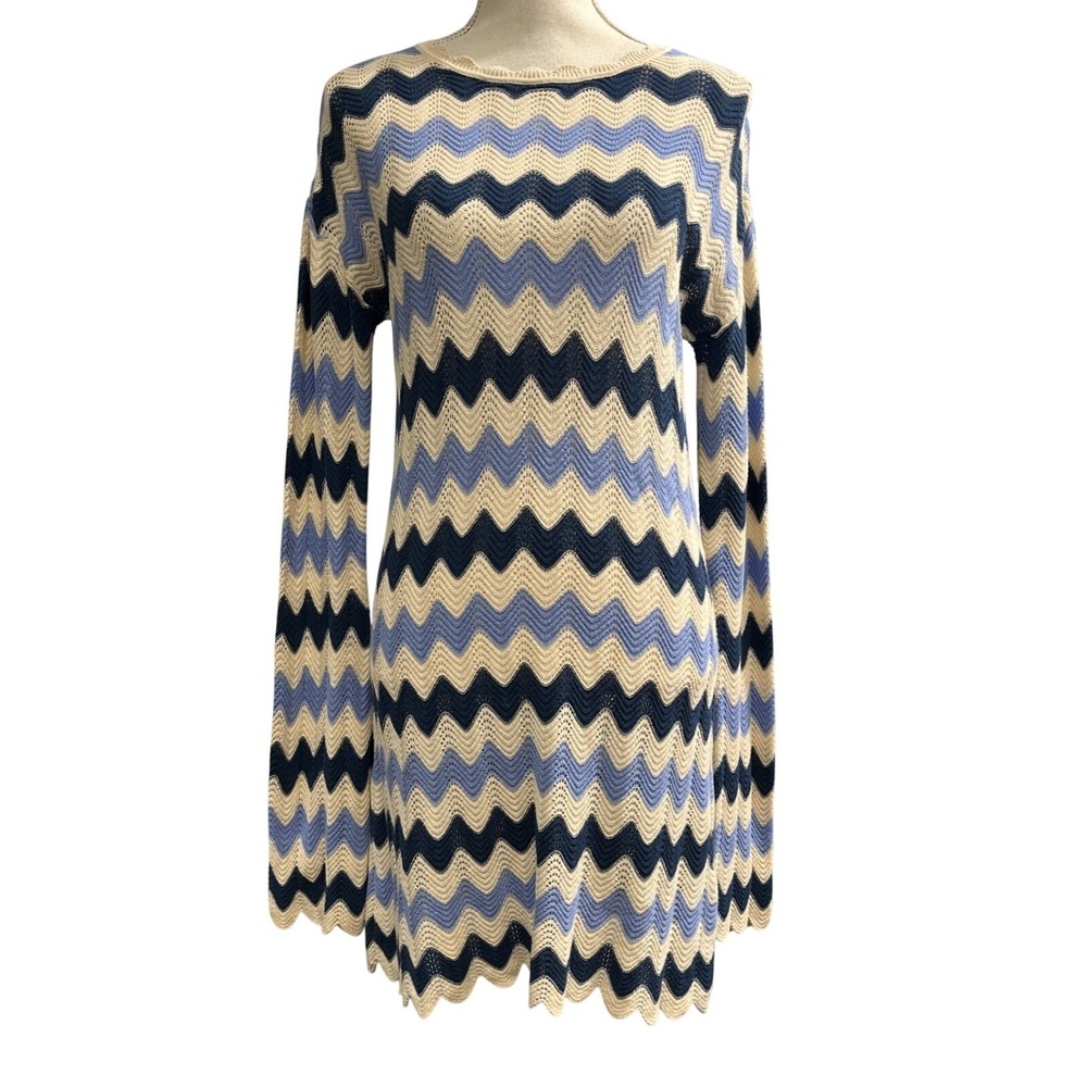 C&C California Dress‎ Blue Chevron Knit Midi Size XS Flare Sleeve Beach Cover Up